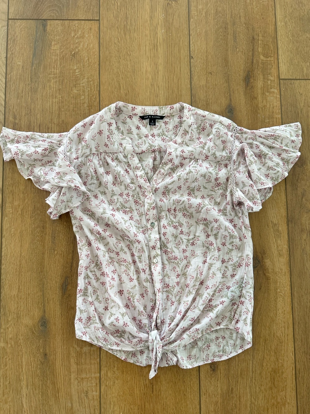 Zac & Rachel White Floral Button-Tie Ruffle Sleeve Blouse